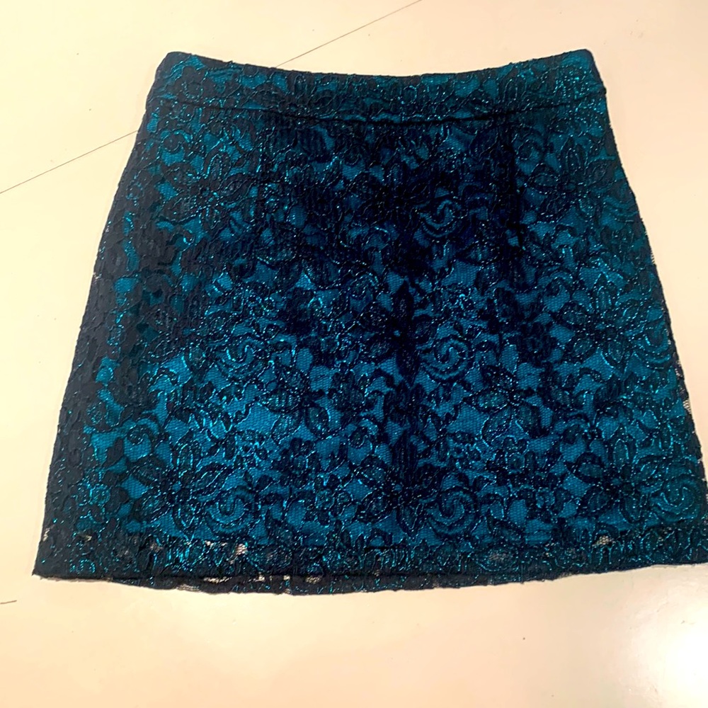Black lace and teale blue silk mini skirt size XS
